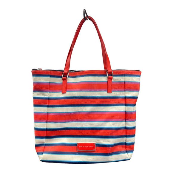 MARC BY MARC JACOBS Take Me Jacobson Coral Red Striped PVC/Leather Tote Bag - Picture 1 of 8